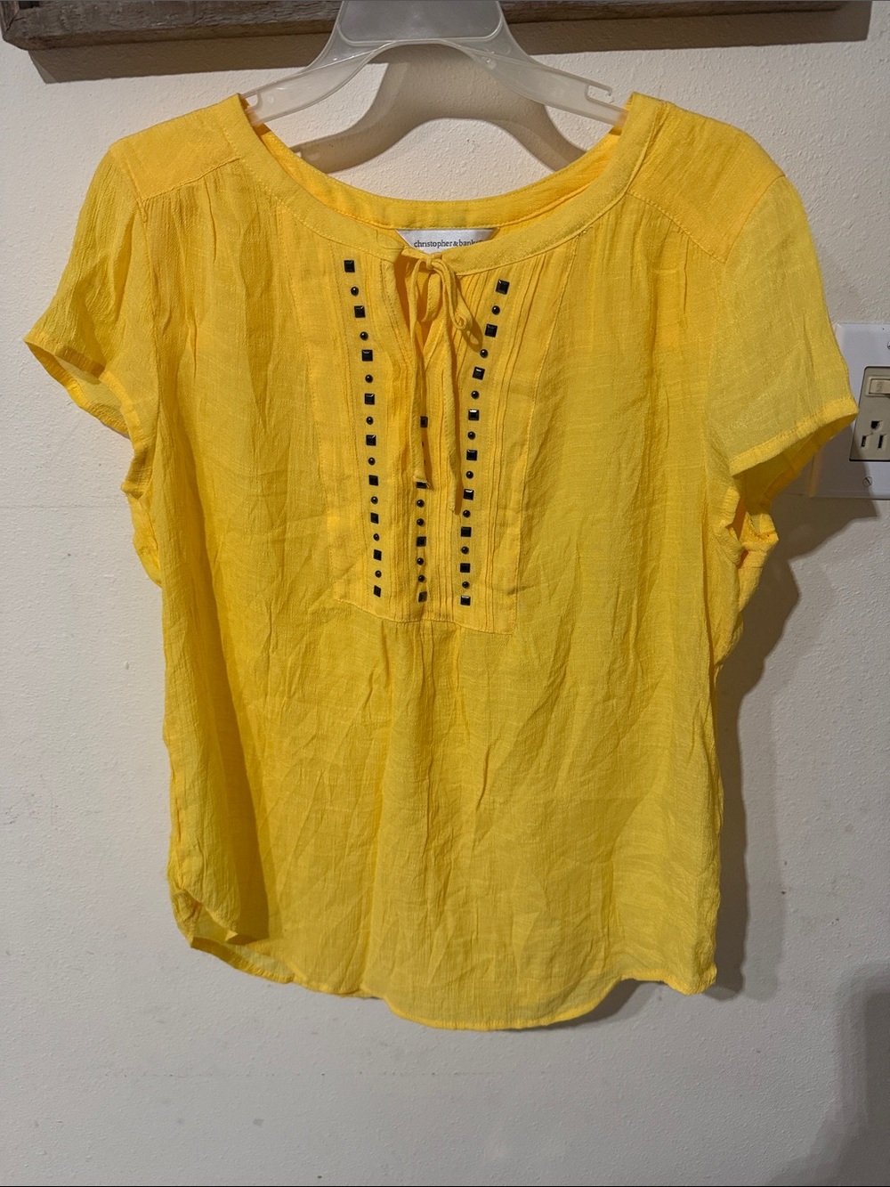 Christopher & Banks Bright Yellow Short Sleeve Embroidered Peasant Blouse